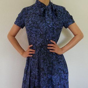 New Brooks Brothers 100% silk pussy bow tie neck printed pleated mod midi dress